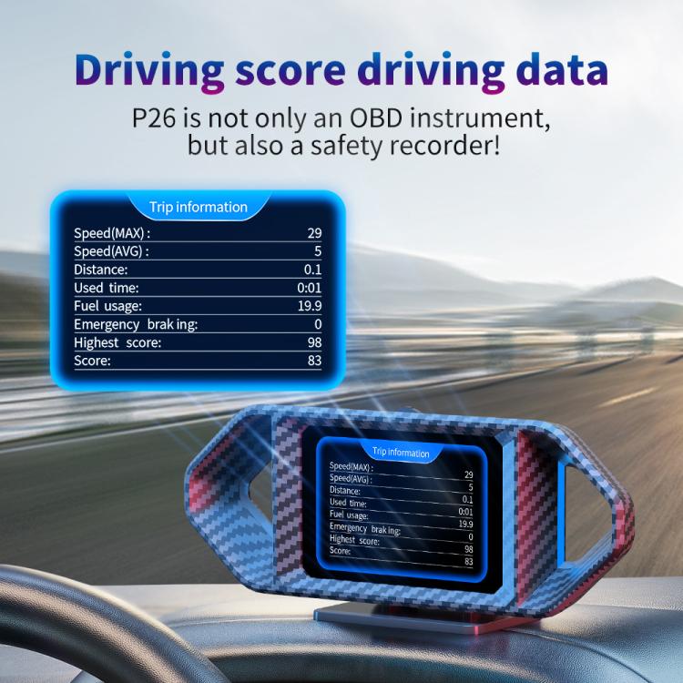 P26 Car HUD Head-Up Display Multi-function LCD OBD Smart Gauge Slope Meter Accelerometer, P26