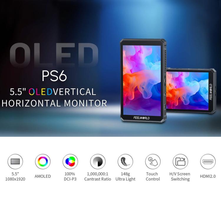 FEELWORLD PS6 5.5 inch OLED Vertical Horizontal Camera Field Video Monitor Touch Screen 4K HDMI-compatible, US Plug, EU Plug, UK Plug, AU Plug