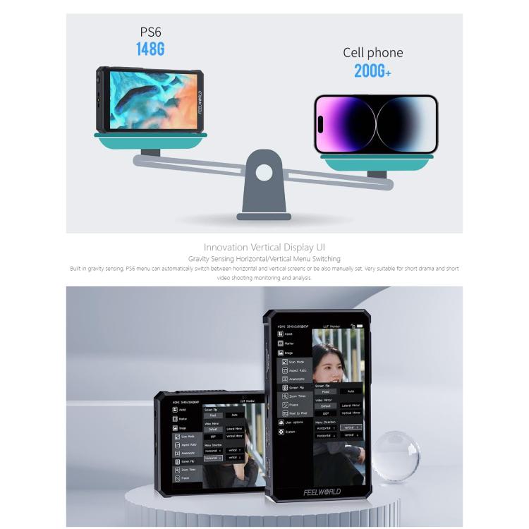 FEELWORLD PS6 5.5 inch OLED Vertical Horizontal Camera Field Video Monitor Touch Screen 4K HDMI-compatible, US Plug, EU Plug, UK Plug, AU Plug