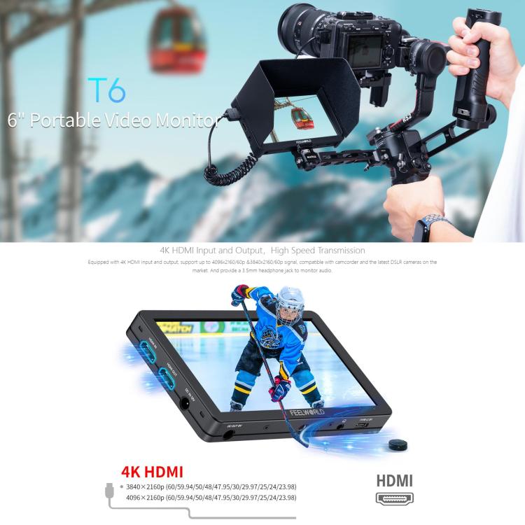 FEELWORLD T6 6 inch Camera Field Video Monitor Aluminium Housing 4K HDMI-compatible 1920x1080 IPS, T6