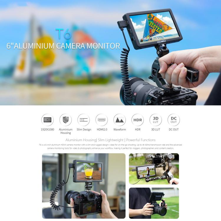 FEELWORLD T6 6 inch Camera Field Video Monitor Aluminium Housing 4K HDMI-compatible 1920x1080 IPS, T6