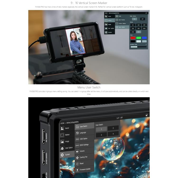 FEELWORLD FW568 Pro 6-inch 1200nit High Bright Camera DSLR Monitor 4K HDMI 60Hz IPS Screen, FW568 Pro
