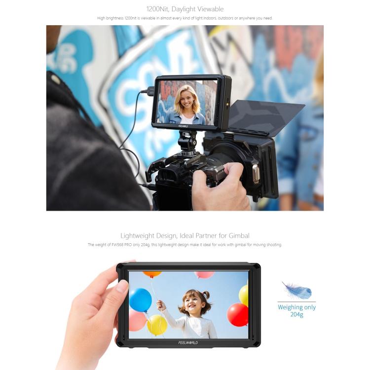 FEELWORLD FW568 Pro 6-inch 1200nit High Bright Camera DSLR Monitor 4K HDMI 60Hz IPS Screen, FW568 Pro