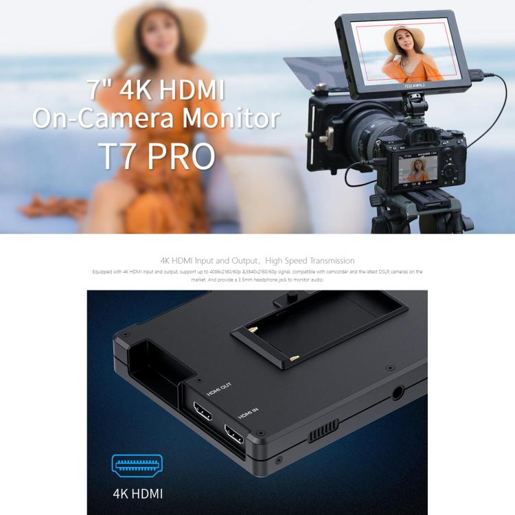 FEELWORLD T7 Pro 7-inch 2000nit Camera Field Video Monitor Aluminium Housing 4K 1920 x 1200 HDMI-compatible IPS Screen, T7 Pro