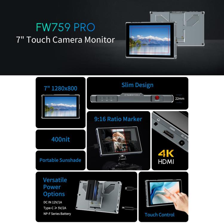 FEELWORLD FW759 Pro 7-inch Touch Screen Camera Field Video Monitor 4K HDMI-compatible 1280 x 800 IPS Screen, FW759 Pro
