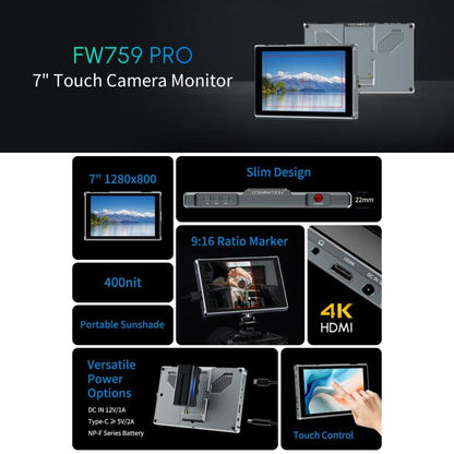 FEELWORLD FW759 Pro 7-inch Touch Screen Camera Field Video Monitor 4K HDMI-compatible 1280 x 800 IPS Screen, FW759 Pro