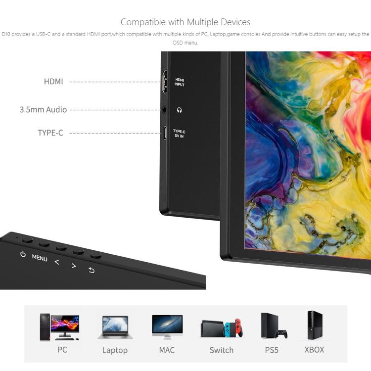FEELWORLD D10 10.1 inch Portable External Monitor Touch FHD 1920 x 1200 USB-C HDMI-compatible Screen, D10