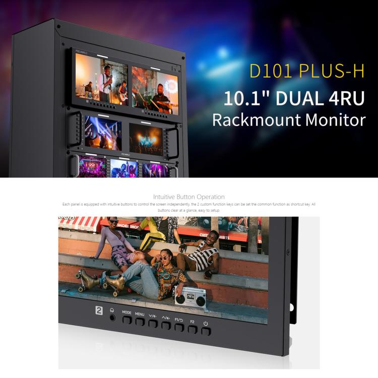 FEELWORLD D101 PLUS-H Dual 10.1 inch 4RU Rackmount Monitor 4K HDMI-compatible CVBS 1920x1200 IPS Screen, US Plug, EU Plug, UK Plug, AU Plug