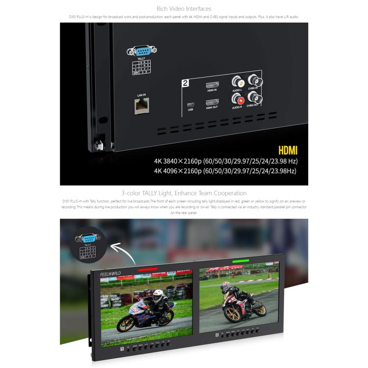 FEELWORLD D101 PLUS-H Dual 10.1 inch 4RU Rackmount Monitor 4K HDMI-compatible CVBS 1920x1200 IPS Screen, US Plug, EU Plug, UK Plug, AU Plug