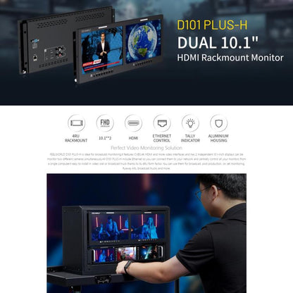 FEELWORLD D101 PLUS-H Dual 10.1 inch 4RU Rackmount Monitor 4K HDMI-compatible CVBS 1920x1200 IPS Screen, US Plug, EU Plug, UK Plug, AU Plug