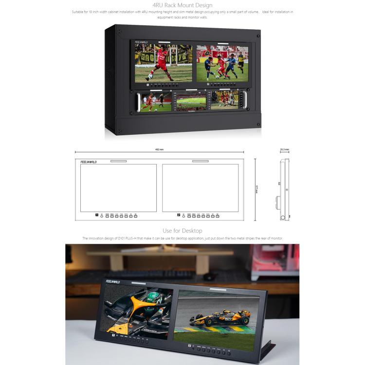 FEELWORLD D101 PLUS-H Dual 10.1 inch 4RU Rackmount Monitor 4K HDMI-compatible CVBS 1920x1200 IPS Screen, US Plug, EU Plug, UK Plug, AU Plug