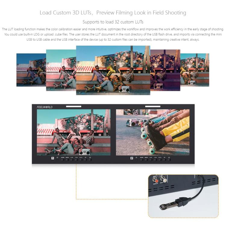 FEELWORLD D101 PLUS-H Dual 10.1 inch 4RU Rackmount Monitor 4K HDMI-compatible CVBS 1920x1200 IPS Screen, US Plug, EU Plug, UK Plug, AU Plug