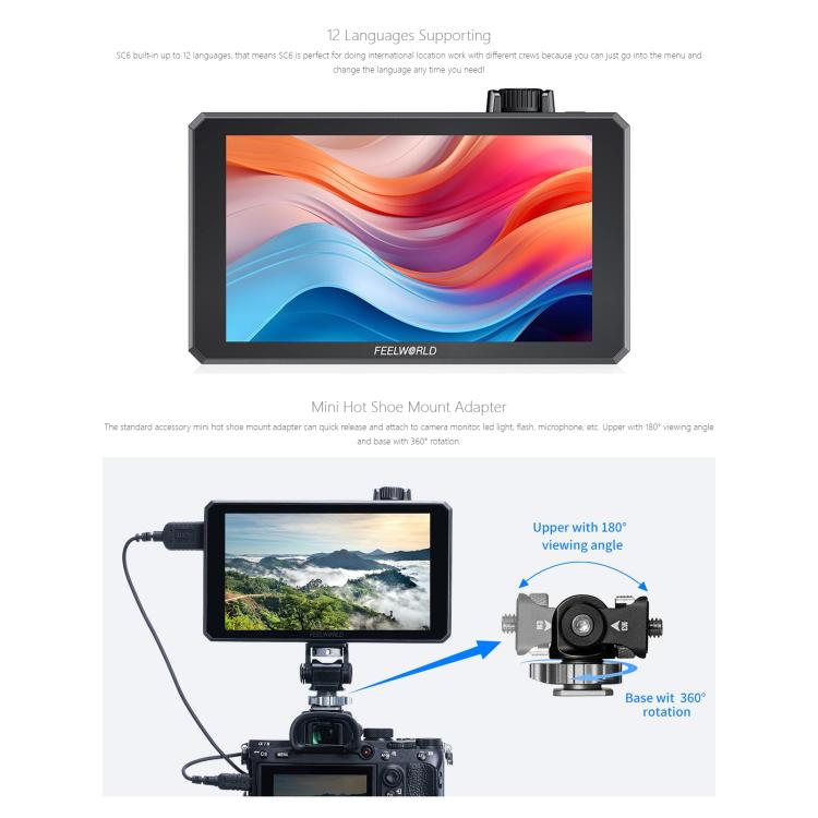 FEELWORLD SC6 6-inch 1500nit High Brightness Aluminium Filed Camera Video Monitor 3G SDI 4K HDMI-compatible 60Hz 1920 x 1080 IPS Screen, SC6