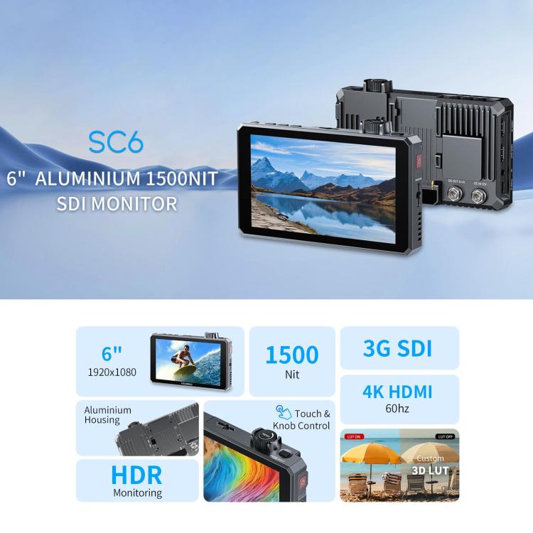 FEELWORLD SC6 6-inch 1500nit High Brightness Aluminium Filed Camera Video Monitor 3G SDI 4K HDMI-compatible 60Hz 1920 x 1080 IPS Screen, SC6