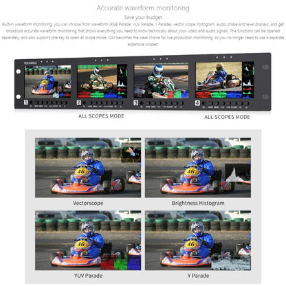 FEELWORLD Q41 Quad 4.5 inch 2RU Rackmount Monitor 3G-SDI 4K HDMI-compatible AV Input and Output, US Plug, EU Plug, UK Plug, AU Plug