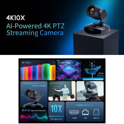 FEELWORLD 4K10X 4K PTZ Camera 10X Optical Zoom AI Tracking HDMI-compatible USB IP Remote Control, UK Plug, US Plug, EU Plug, AU Plug