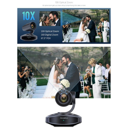 FEELWORLD 4K10X 4K PTZ Camera 10X Optical Zoom AI Tracking HDMI-compatible USB IP Remote Control, UK Plug, US Plug, EU Plug, AU Plug