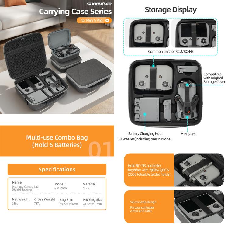 Sunnylife Carrying Hard Travel Storage Bag, For DJI Lito 1 / X1 / Mini 5 Pro Body Bag, For DJI Lito 1 / X1 / Mini 5 Pro Easy Combo Bag, For DJI Lito 1 / X1 / Mini 5 Pro Battery Combo Bag, For DJI RC 2/1 / RC-N3/2/1 Controller Bag