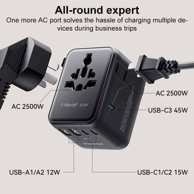MOMAX UA31D 1-World 2 45W Dual AC 5-Port Universal Travel GaN Charger with 60W Cable, UA31D