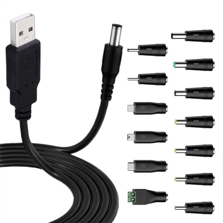 1.5m USB to DC5.5x2.1mm Male Power Cord with 13pcs Converter, 1+13