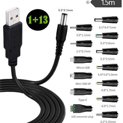 1.5m USB to DC5.5x2.1mm Male Power Cord with 13pcs Converter, 1+13