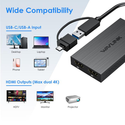 WAVLINK WL-UG6902H USB-A and USB-C / Type-C to Dual HDMI 4K 60Hz Display Adapter, WL-UG6902H
