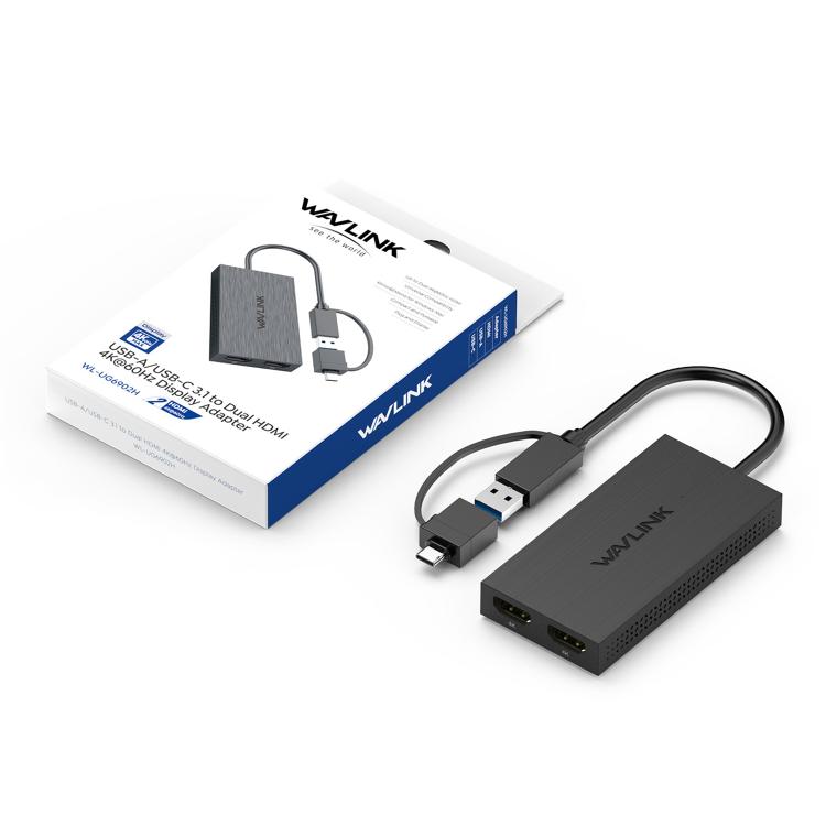 WAVLINK WL-UG6902H USB-A and USB-C / Type-C to Dual HDMI 4K 60Hz Display Adapter, WL-UG6902H