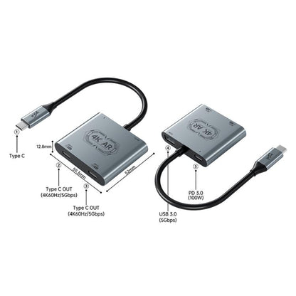 V77G 4K 60Hz USB-C / Type-C to Dual Type-C, PD 100W, USB 3.0 AR Glasses Charging Converter Adapter