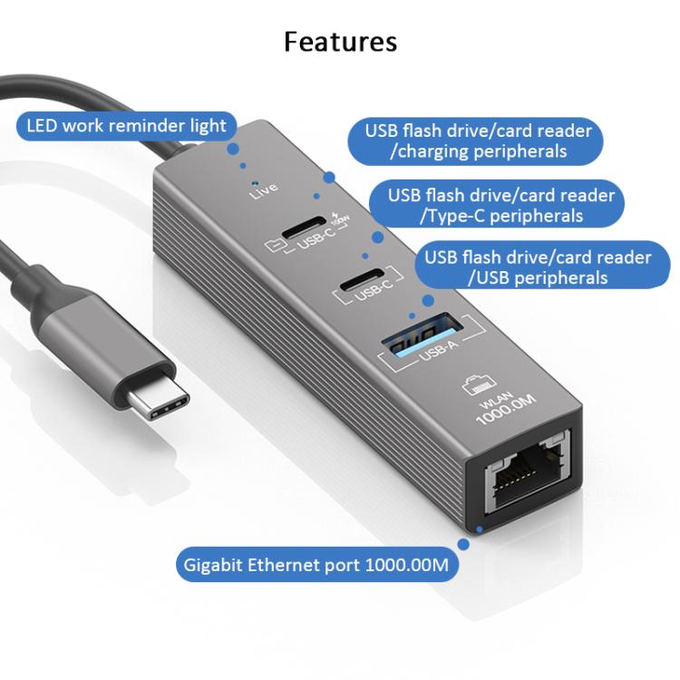 TYS-206C Type-C to 1000M RJ45 USB-A PD100W HUB Expand Converter, Type-C to 1000M RJ45