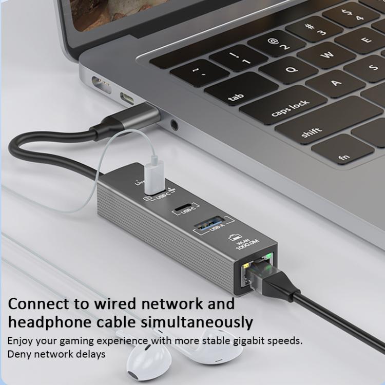TYS-206C Type-C to 1000M RJ45 USB-A PD100W HUB Expand Converter, Type-C to 1000M RJ45