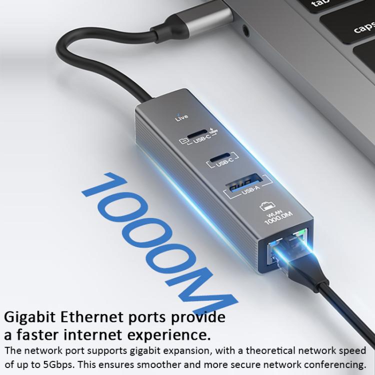 TYS-206C Type-C to 1000M RJ45 USB-A PD100W HUB Expand Converter, Type-C to 1000M RJ45