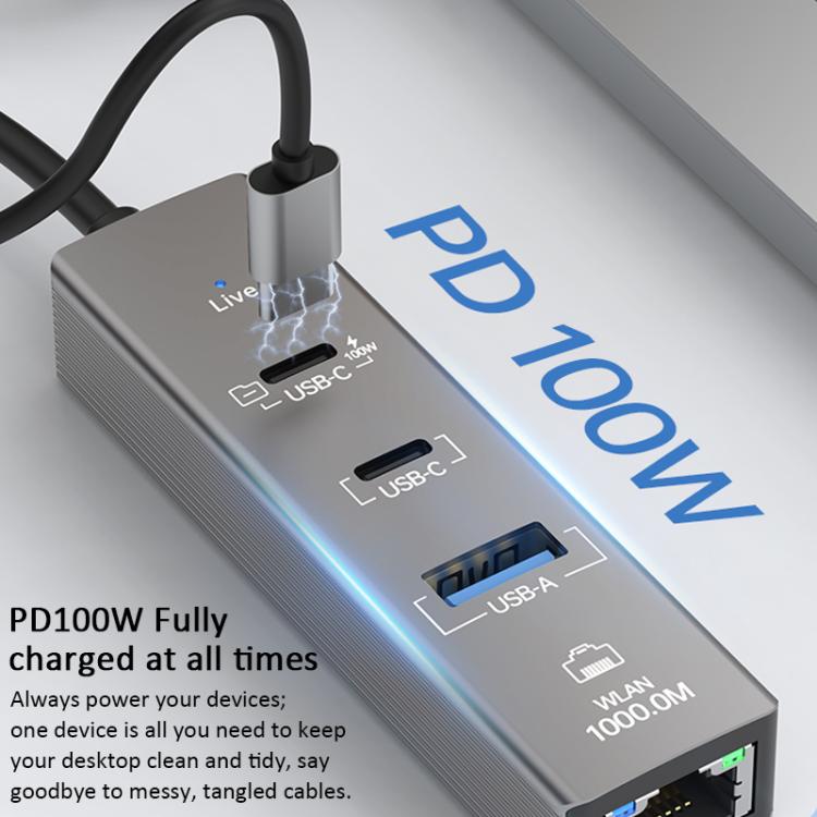TYS-206C Type-C to 1000M RJ45 USB-A PD100W HUB Expand Converter, Type-C to 1000M RJ45