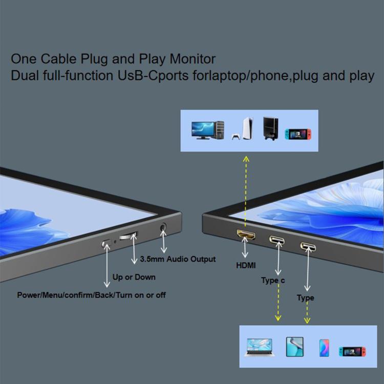 P105A01D 10.5 inch IPS Portable Monitor with HD / Type-C Extend, US Plug, 10.5 inch