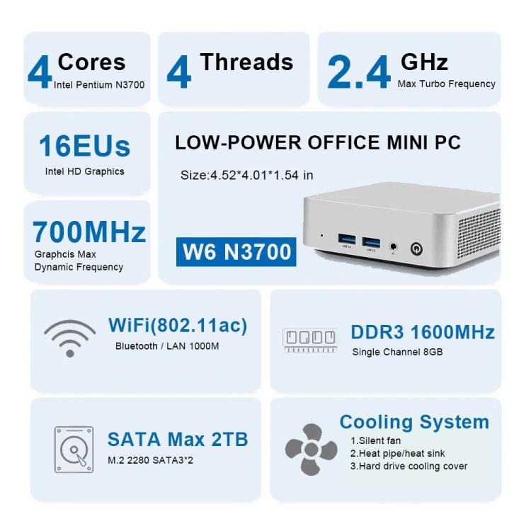 MN370 Windows 10 Low-power Home Office Mini PC, 8GB + 128GB, Intel Pentium N3700 Quad Core Processor, EU Plug, US Plug, UK Plug, AU Plug
