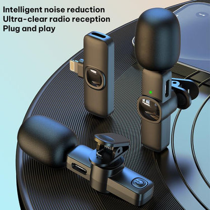 J1 2 in 1 Lavalier Wireless Microphone Noise Reduction Mini Mic, 2 Mics + Type-C Plug, 2 Mics + 8 Pin Plug