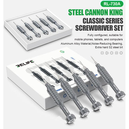 RELIFE RL-730 Steel Cannon King Classic Series Aluminum Alloy Screwdriver, Star 0.8, Phillips 1.5, Phillips 2.5, Y 0.6, Torx T1