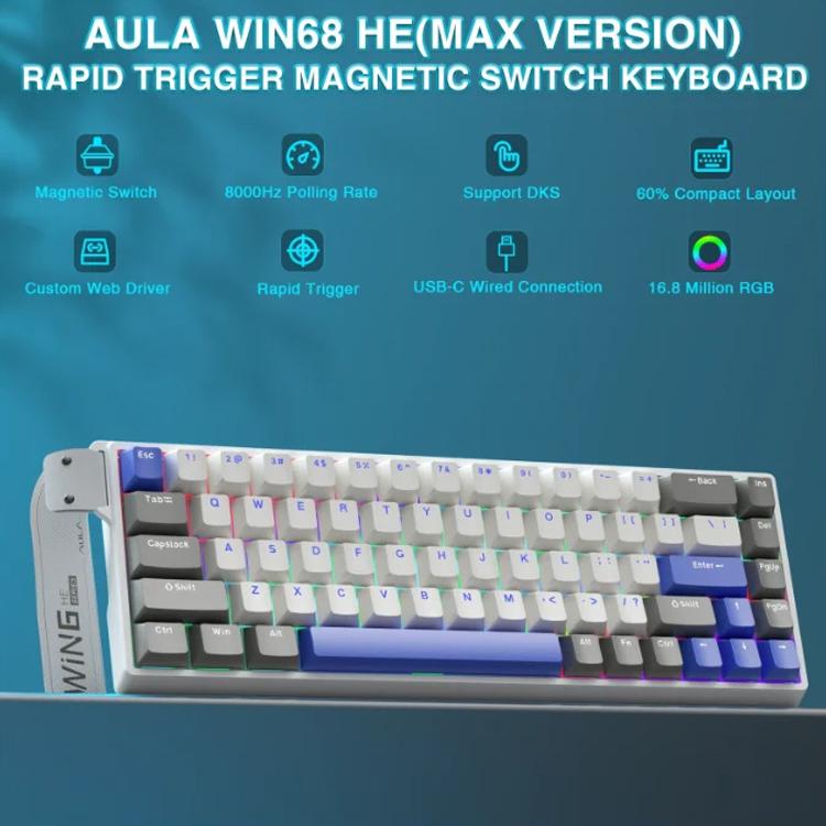 AULA WIN68HE MAX Version 68 Keys RGB Wired Keyboard, WIN68HE Grey+White+Blue Wing Chun Magnetic Axis