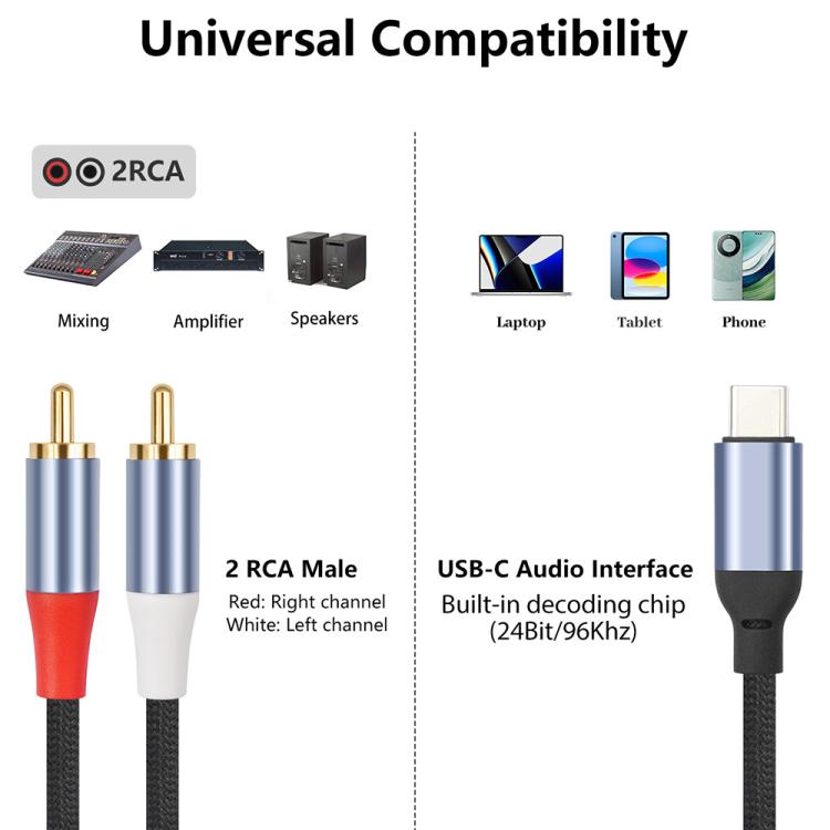 24-bit Type-C to Dual RCA Male Audio Decoding Cable, 1m, 2m, 3m