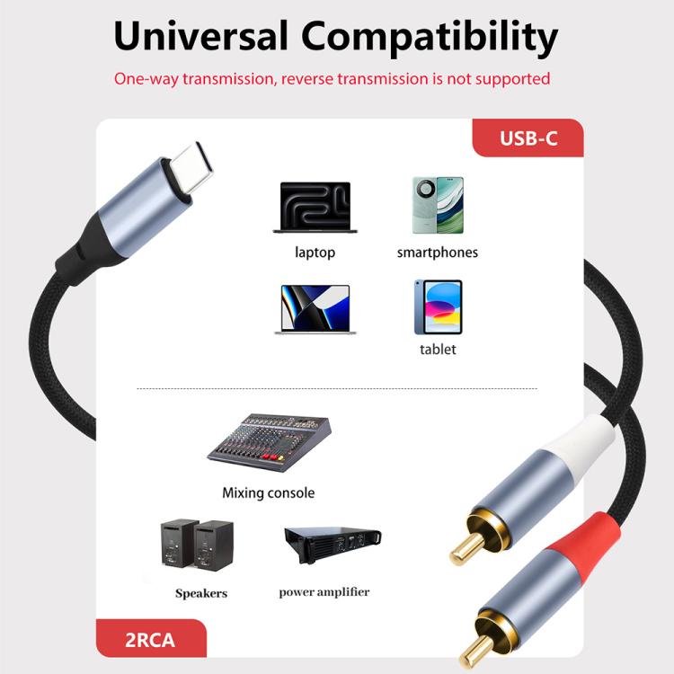 24-bit Type-C to Dual RCA Male Audio Decoding Cable, 1m, 2m, 3m