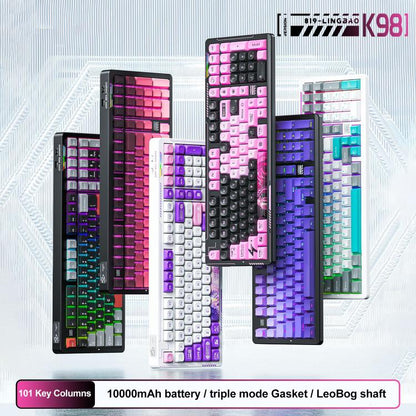 LINGBAO K98 101 Keys Triple-mode Wireless Game Keyboard, Black Pink-Flower Field Axis, Black Red-Red Rabbit Axis, Blackberry Powder-Red Rabbit Axis Pro, Blackberry Powder-Glazed Tile Axis, White Purple-Flower Field Axis, Purple-Red Rabbit Axis Pro...