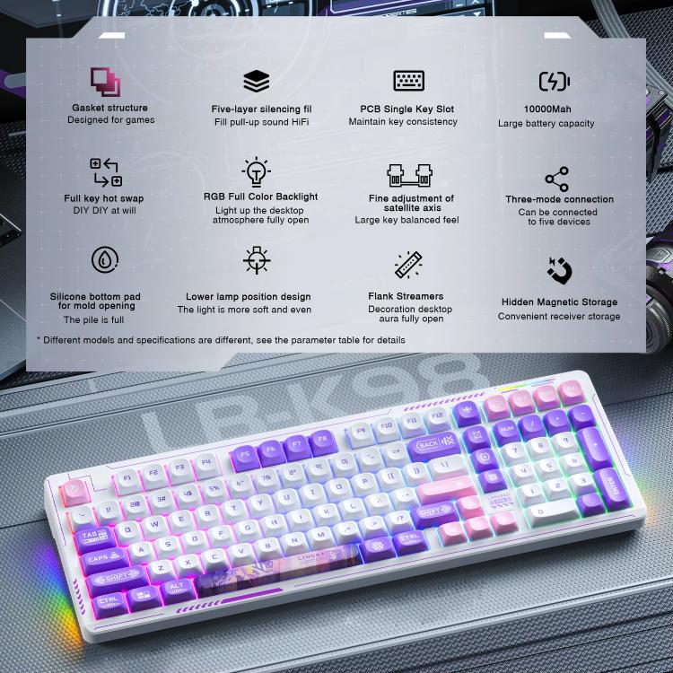 LINGBAO K98 101 Keys Triple-mode Wireless Game Keyboard, Black Pink-Flower Field Axis, Black Red-Red Rabbit Axis, Blackberry Powder-Red Rabbit Axis Pro, Blackberry Powder-Glazed Tile Axis, White Purple-Flower Field Axis, Purple-Red Rabbit Axis Pro...