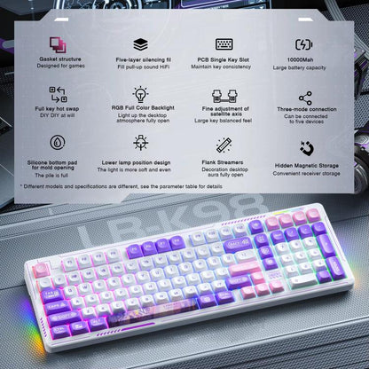 LINGBAO K98 101 Keys Triple-mode Wireless Game Keyboard, Black Pink-Flower Field Axis, Black Red-Red Rabbit Axis, Blackberry Powder-Red Rabbit Axis Pro, Blackberry Powder-Glazed Tile Axis, White Purple-Flower Field Axis, Purple-Red Rabbit Axis Pro...