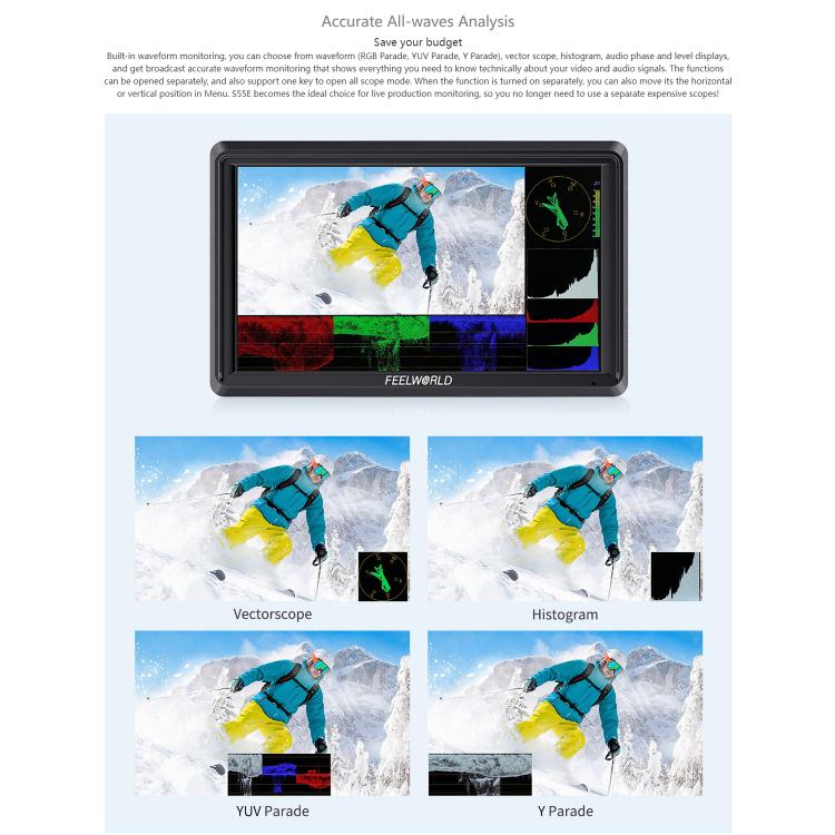 FEELWORLD S55E 5.5 Inch DSLR Camera Field Video Monitor FHD IPS Support 4K HDMI Input Output Tilt Arm Power Output