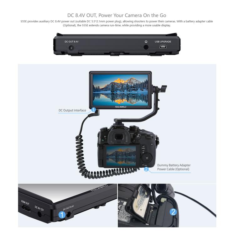 FEELWORLD S55E 5.5 Inch DSLR Camera Field Video Monitor FHD IPS Support 4K HDMI Input Output Tilt Arm Power Output