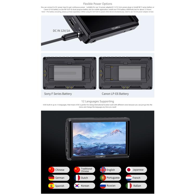 FEELWORLD S55E 5.5 Inch DSLR Camera Field Video Monitor FHD IPS Support 4K HDMI Input Output Tilt Arm Power Output