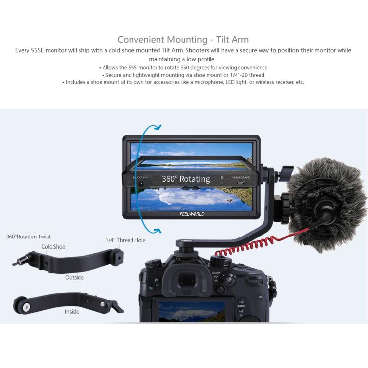 FEELWORLD S55E 5.5 Inch DSLR Camera Field Video Monitor FHD IPS Support 4K HDMI Input Output Tilt Arm Power Output
