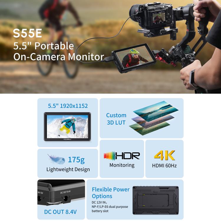 FEELWORLD S55E 5.5 Inch DSLR Camera Field Video Monitor FHD IPS Support 4K HDMI Input Output Tilt Arm Power Output