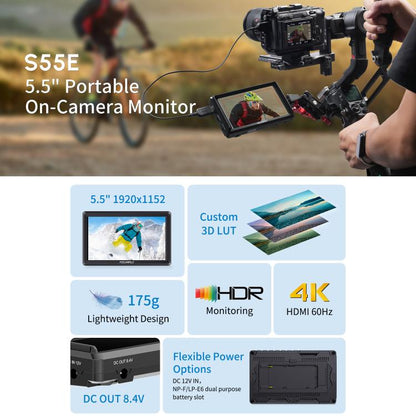 FEELWORLD S55E 5.5 Inch DSLR Camera Field Video Monitor FHD IPS Support 4K HDMI Input Output Tilt Arm Power Output