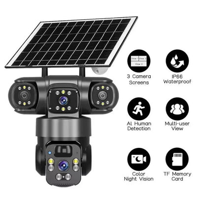 V380 Pro 2MP Panoramic 360 Degrees Triple Lens Wireless WiFi Solar Powered Surveillance Camera