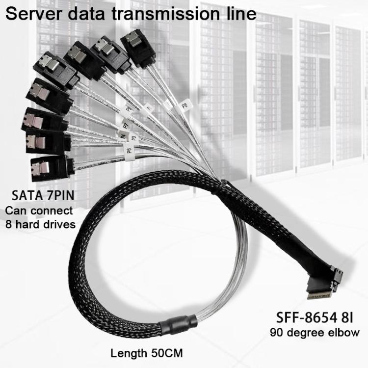 WG192 Slimline SAS4.0 SFF-8654 8i to SATAx8 Server Hard Drive High-Speed ??Adapter Cable, 0.5m Elbow